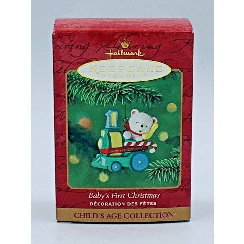VTG Baby's 1st Christmas Hallmark Ornament 2001 Bear Peppermint Express Train‎